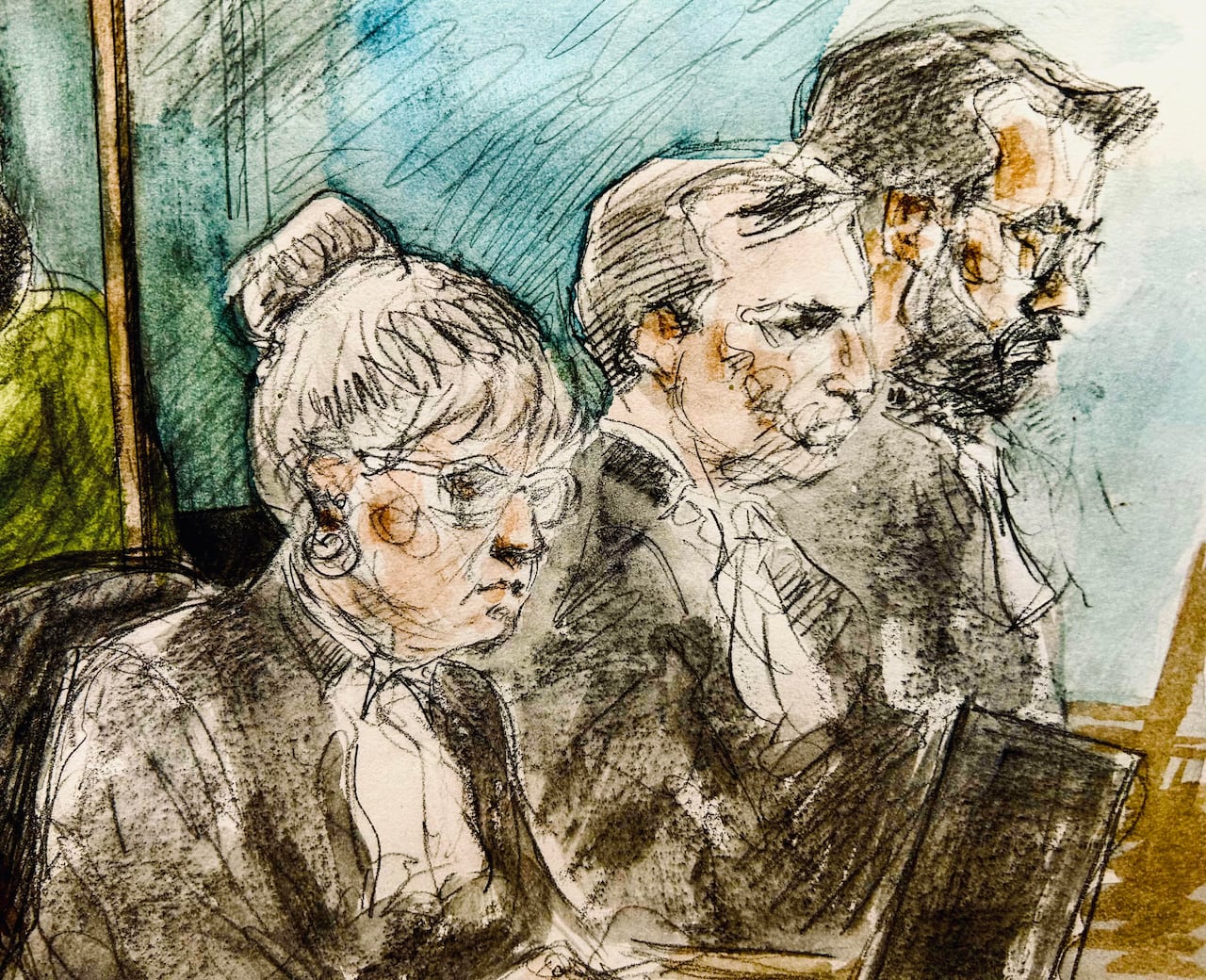 A courtroom sketch of three people seated wearing lawyer robes.