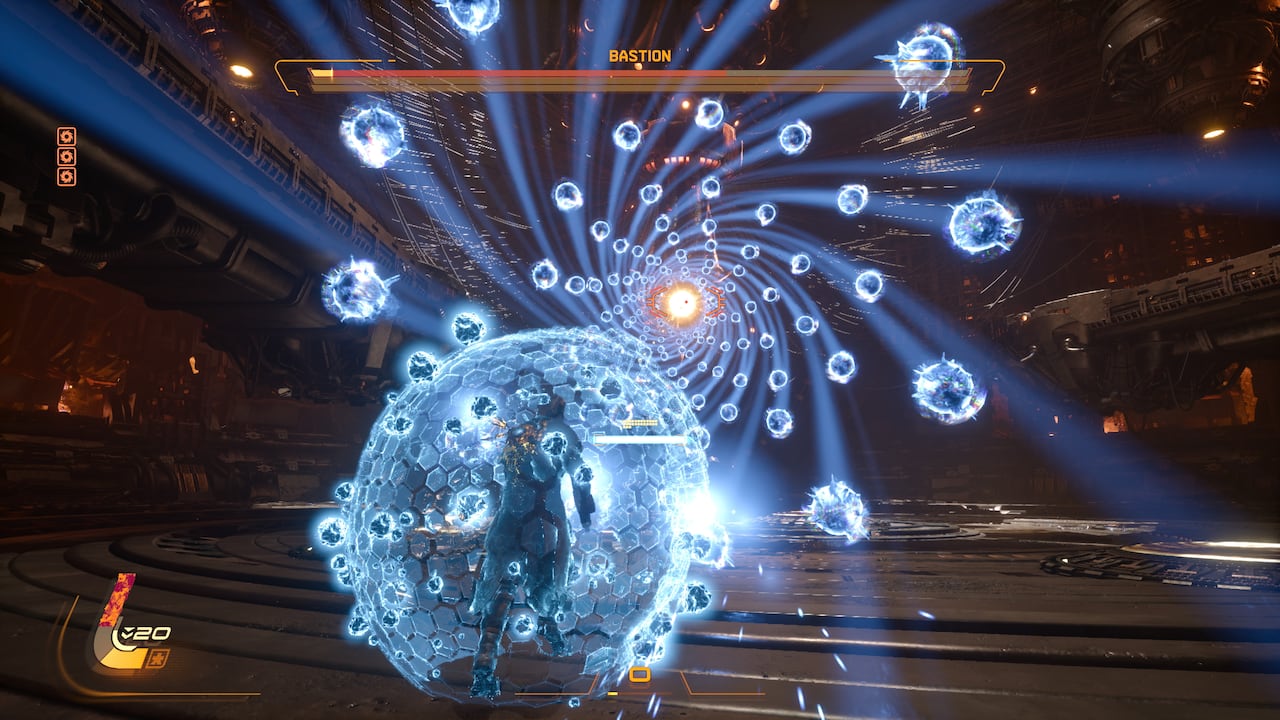 Video game screenshot of a character using a blue shield to protect him from blue bullets.