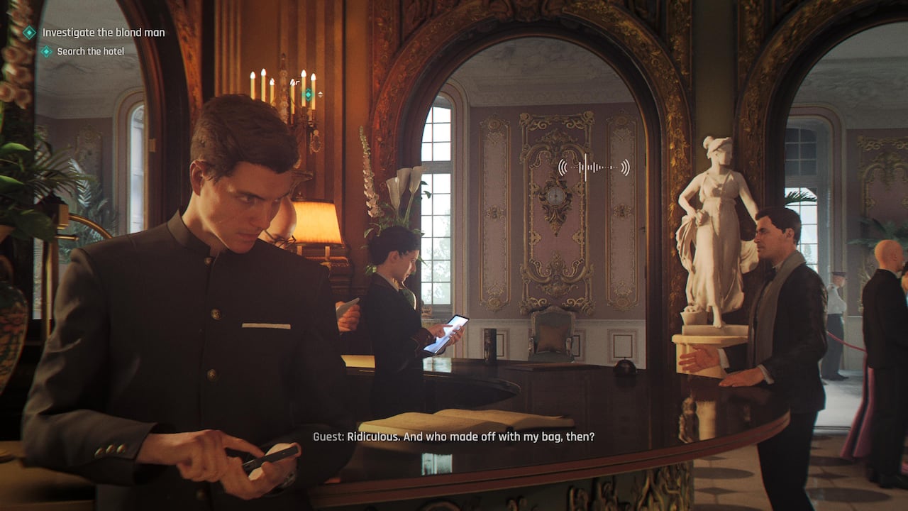 Video game screenshot of a man using his phone to listen on a conversation nearby at a hotel reception desk.