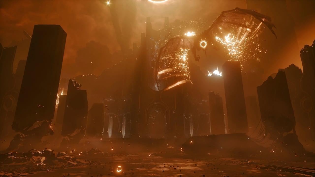 Video game screenshot of a large winged creature with one glowing eye flying over a ruined temple.