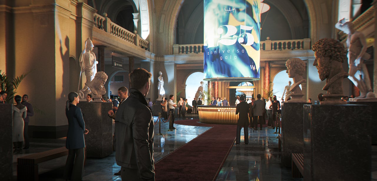 Video game screenshot of a man entering a museum.