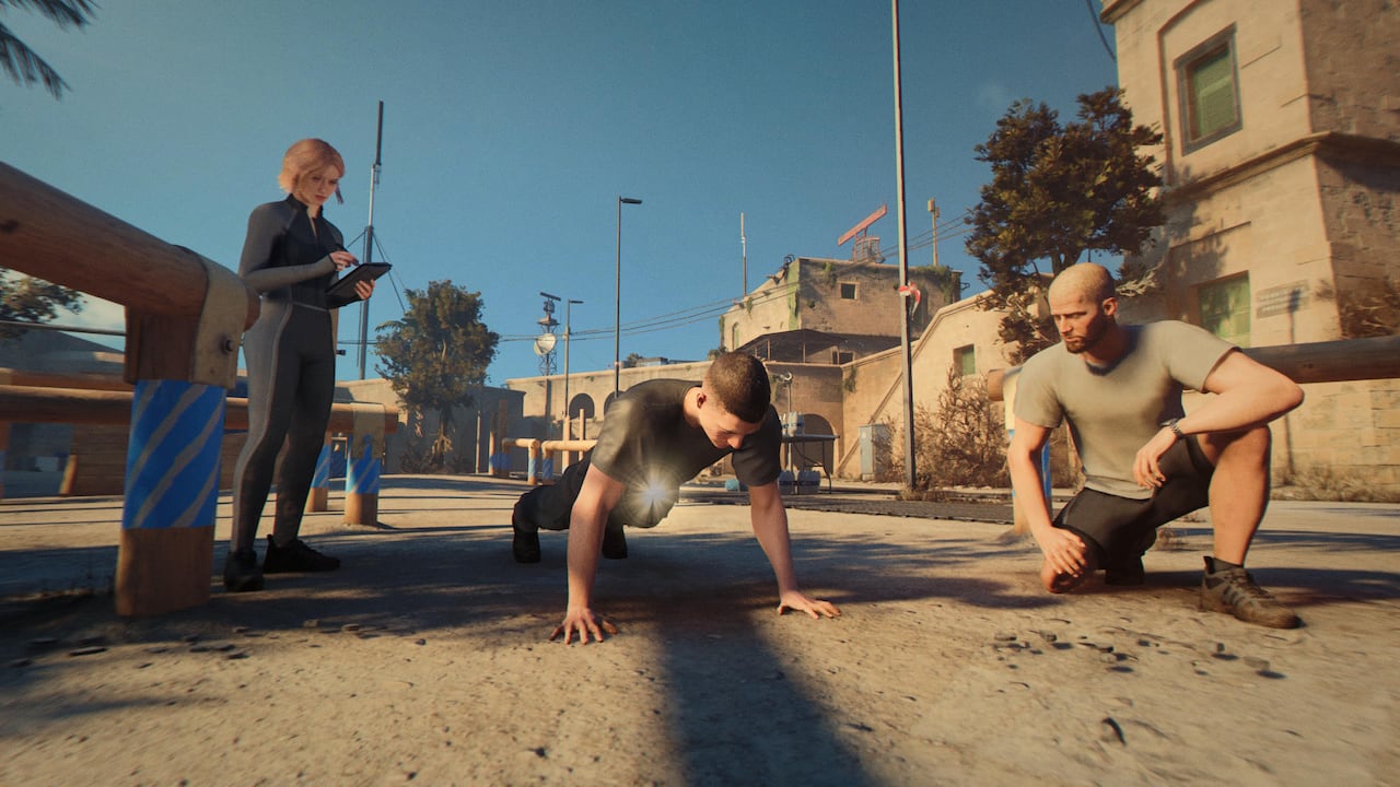Video game screenshot of a young adult man doing pushups outside a sandy building while two other recruits evaluate his progress.
