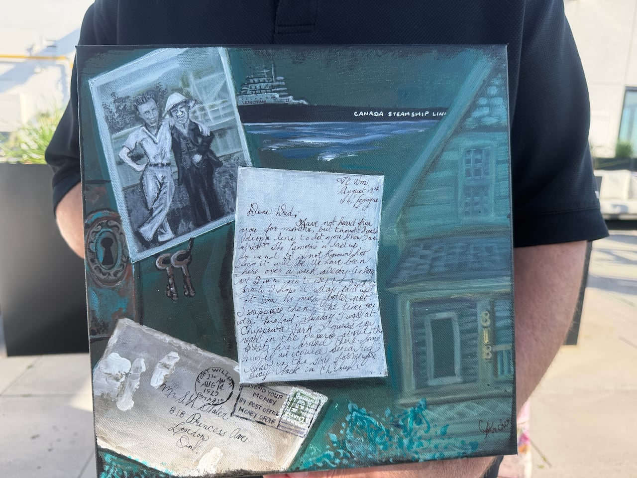 Christina Archer made this painting in memory of Slater. It depicts the journey of her finding the letter in her old home at 818 Princess Avenue, photos of Slater and his father, the letter and keys showing the mystery that was solved 25 years after