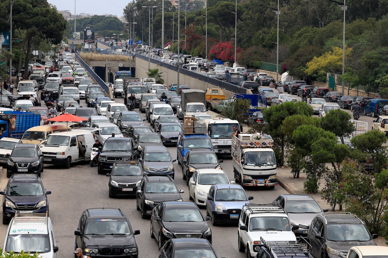 Traffic on a road as people make their way while fleeing the southern suburbs of Beirut, after Israeli Prime Minister Benjamin Netanyahu ordered the military to attack targets in the suburbs, Lebanon, June 1, 2026.