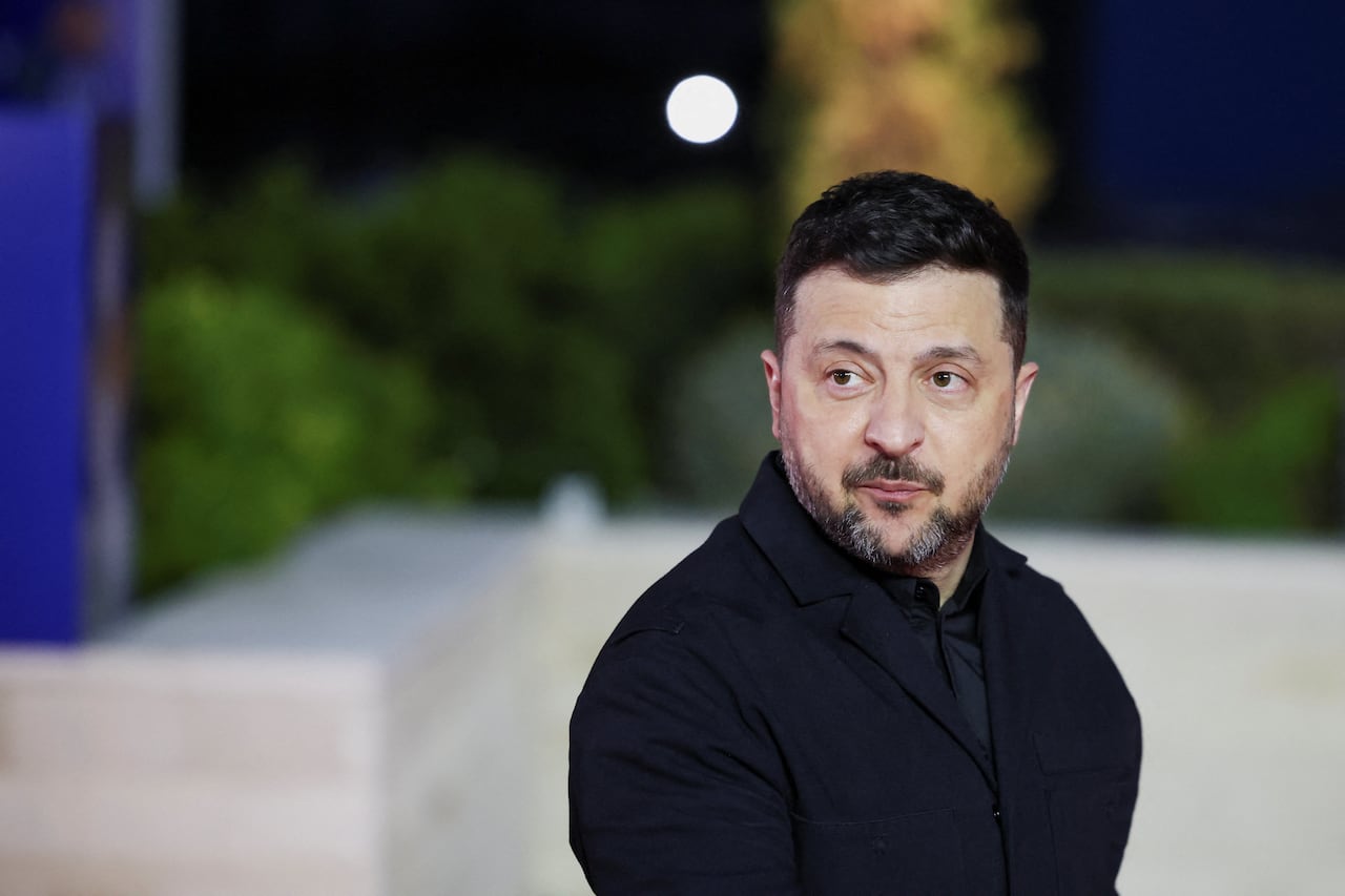 An image of Ukrainian President Volodymyr Zelenskyy, looking to the side, at an event in Cyprus